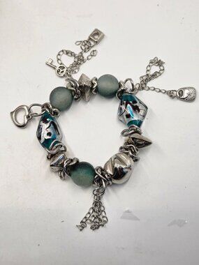 Silver Tone & Glass Bead Bracelet With Lock & Key Charms